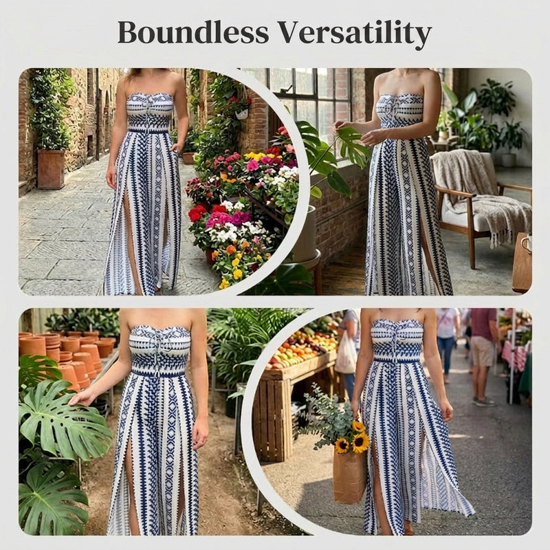 👗 47% OFF NOW! 💥 Geometric Jumpsuit with Halter Neckline & Side Slit – Unique print & elastic back – Versatile, perfect for summer parties or resort wear ✨