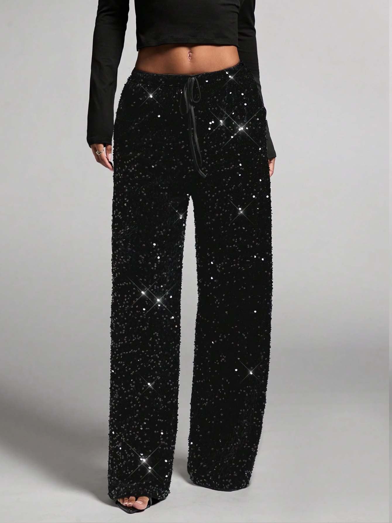 🔥Limited-time offer-Women's Sequin Sparkle Wide Leg Pants with Elastic Waistband