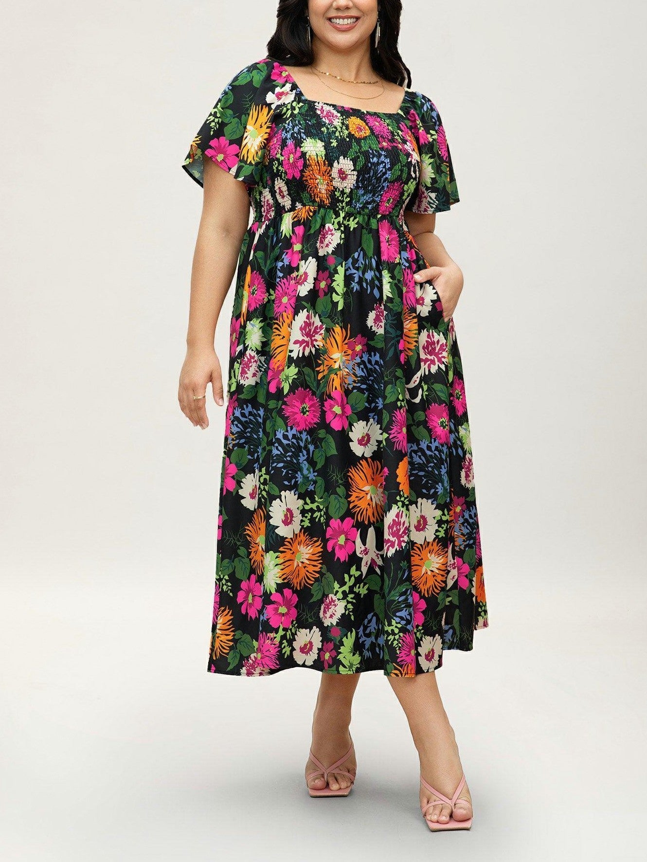 ⏰Summer Hot Sale 52% OFF💃Floral Smocked Square Neck Midi Dress with Pockets