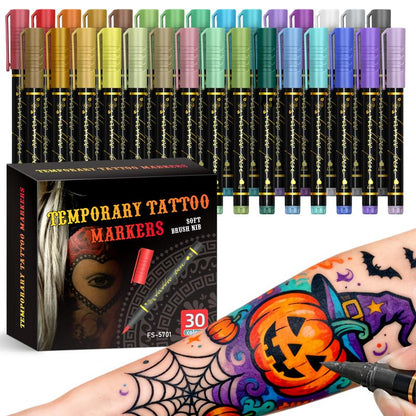 🎁🔥Last day sale 50% OFF🔥Cosmetic Grade Temporary Tattoo Markers for Skin, 10/15 Vibrant Colors Flexible Brush Tip Pens,, High Detail, Face Makeup Halloween, None Toxic, Office Stationery Writing Tool