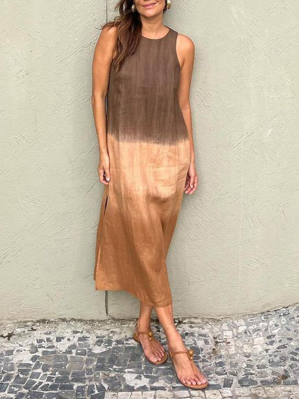 💕Women's Casual Cotton And Linen Sleeveless Slit Gradient Tie-dye Long Dress