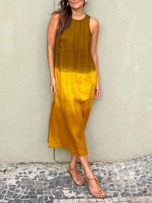 💕Women's Casual Cotton And Linen Sleeveless Slit Gradient Tie-dye Long Dress
