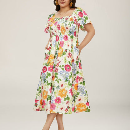 ⏰Summer Hot Sale 52% OFF💃Floral Smocked Square Neck Midi Dress with Pockets