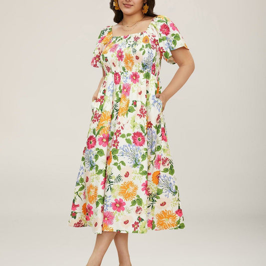 ⏰Summer Hot Sale 52% OFF💃Floral Smocked Square Neck Midi Dress with Pockets
