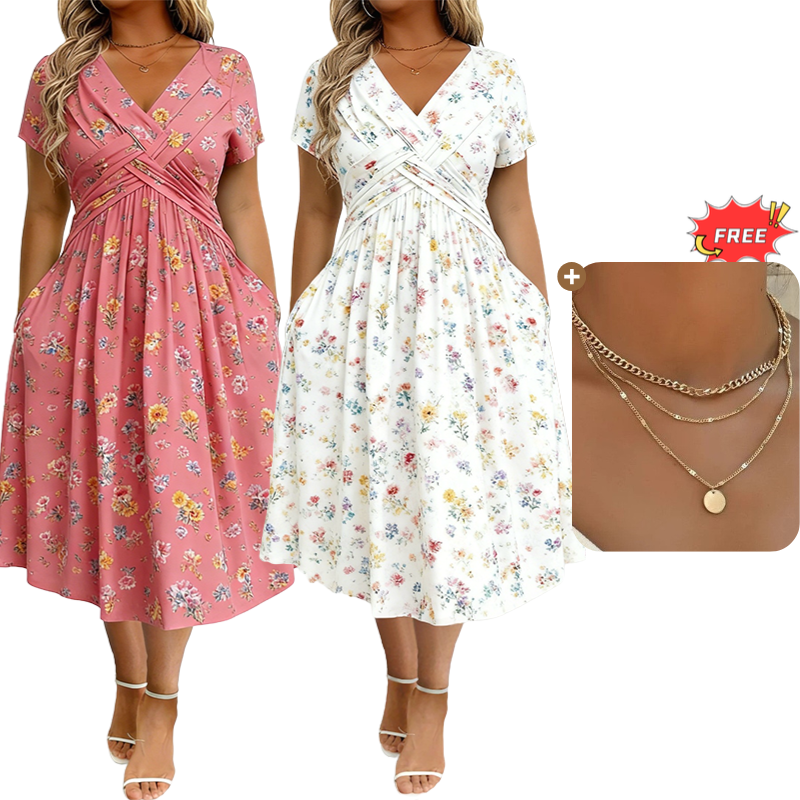 Women's V-Neck Floral Print Dress with Twist Waist