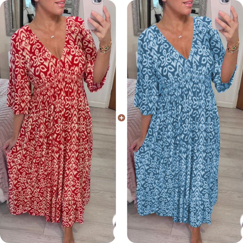 💖LAST DAY SALE 50% OFF💖Bohemian casual print V-neck waist wrap long dress