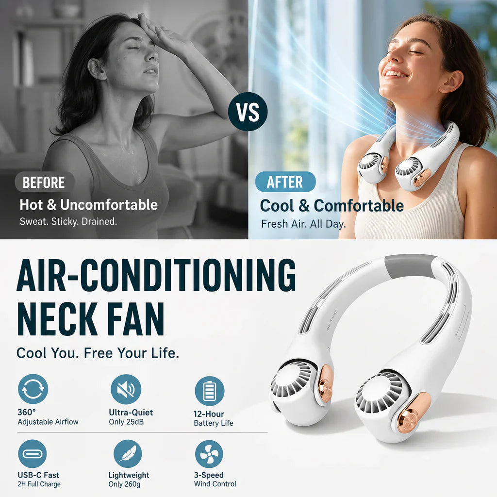 🥳2026 HOT SALE❄️ 40% OFF!🌡️🍃 Neck Air Conditioner Fan – Ultra‑quiet, 360° rotating, 3 speeds. Hands‑free cooling, long battery. Summer essential! 😎🌬️
