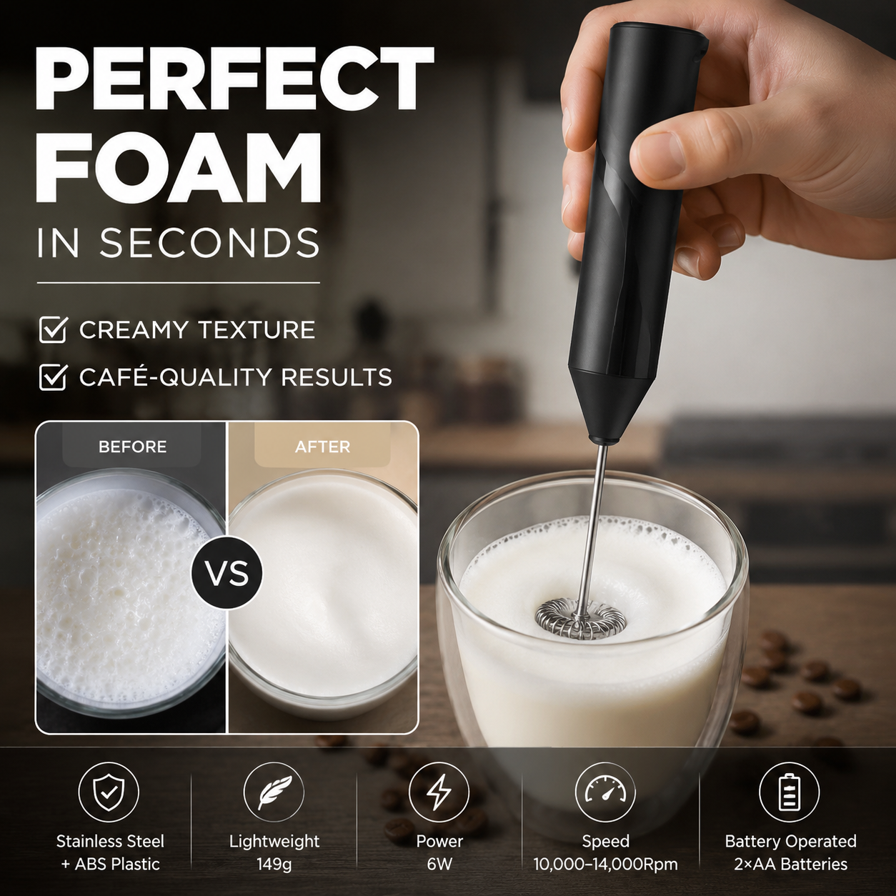 🥛Handheld Electric Milk Frother – 47% OFF | Battery Operated Drink Mixer for Coffee, Latte, Cappuccino, Hot Chocolate & Matcha | Mini Foam Maker with Stand