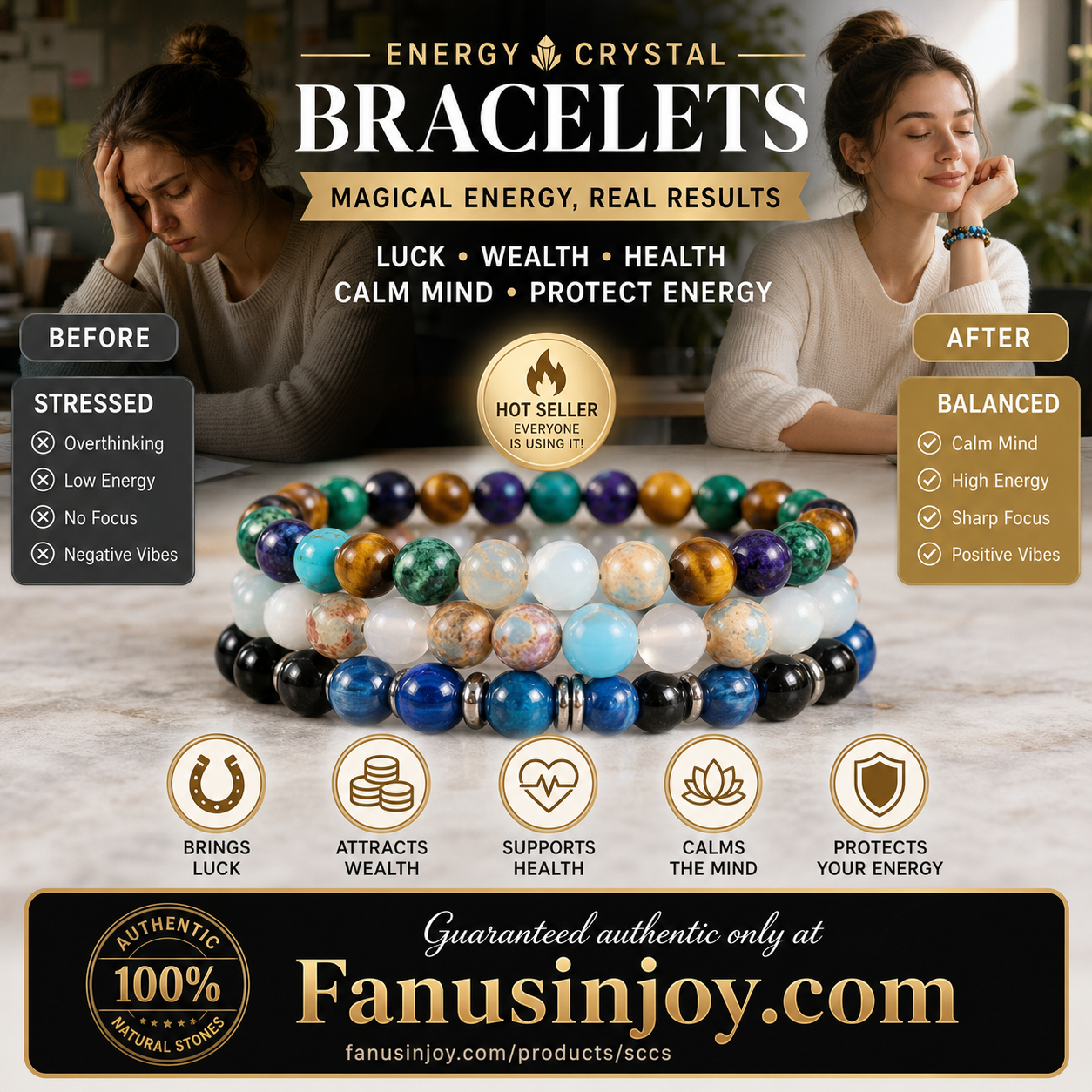 🔮Health, Wealth & Protection！📿Bring You Endless Energy！Natural Stone Bead Bracelet