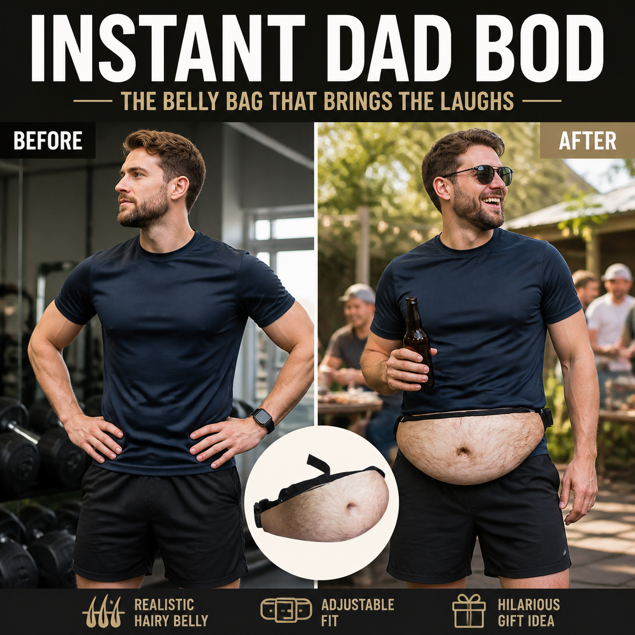 🥳Dadbag | Realistic Fake Beer Belly Bum Bag | Funny Dad Bod Waist Pack | Novelty Gag Gift for Men | With Belly Button & Hairy Chest | Adjustable Black Strap