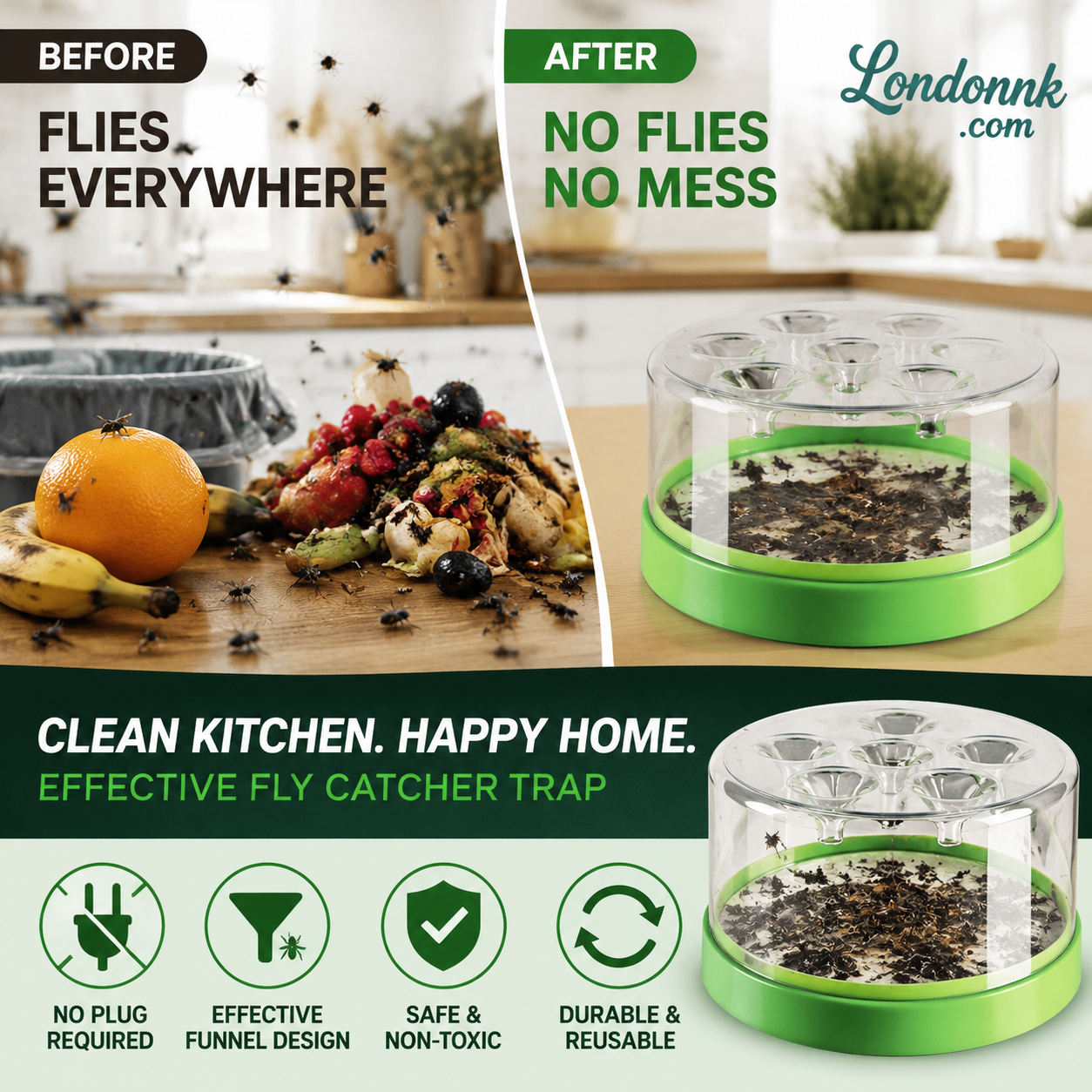 🔌✅ Reusable fly trap—no electricity, no poison! 🏠 Safe to use in the kitchen and around children and pets.