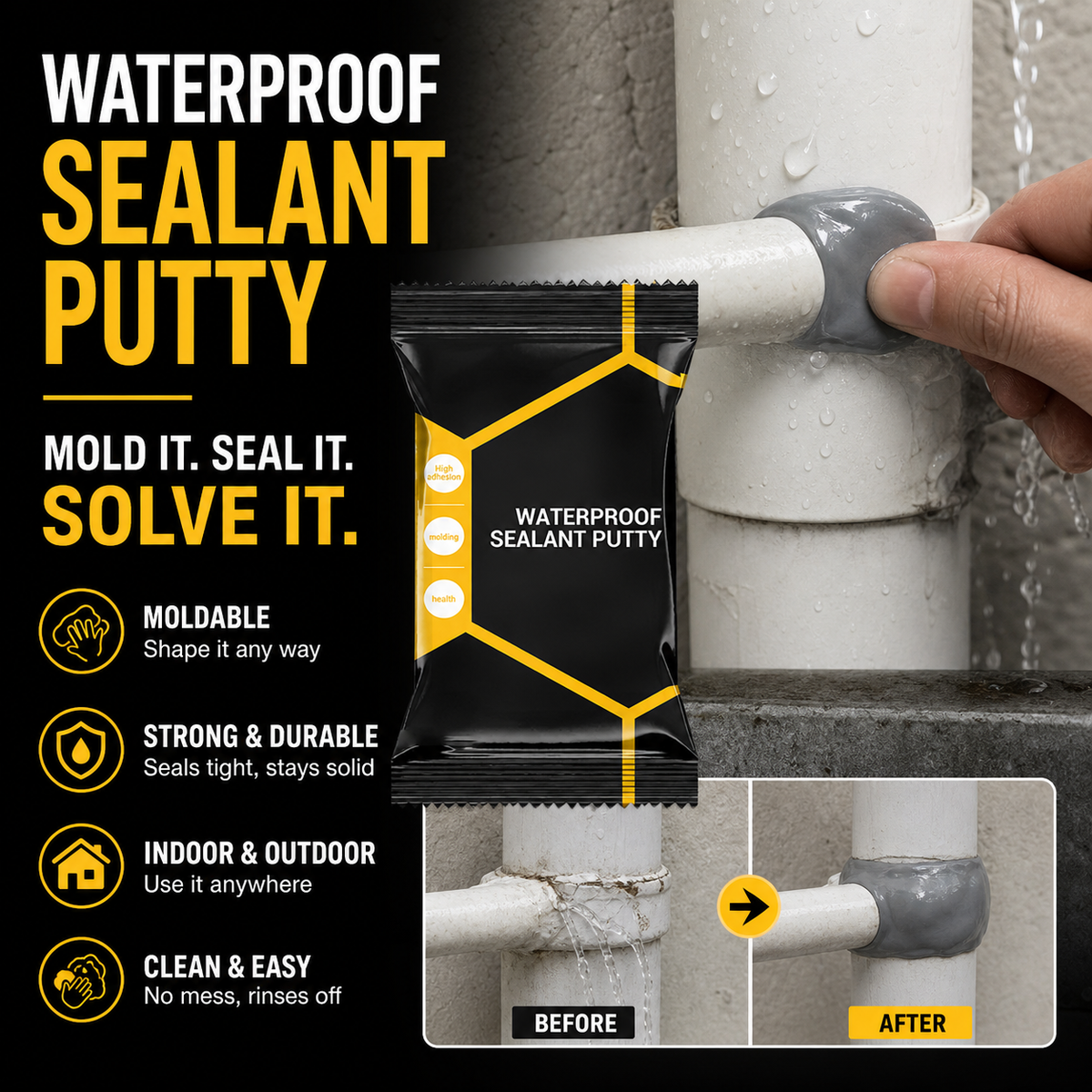⏳1 Set of 4⏰Waterproof Sealant Putty – Easy-to-Mold Filler for Pipe Openings & Wall Gaps