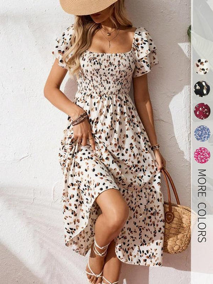 🌈2026 Summer Hot Sale 51% OFF!✨Square Neck Floral Midi Dress – Smocked Bodice, Flowy Tiered Skirt🌸1