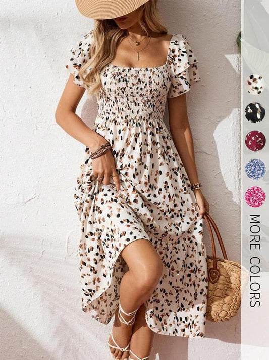🌈2026 Summer Hot Sale 51% OFF!✨Square Neck Floral Midi Dress – Smocked Bodice, Flowy Tiered Skirt🌸1
