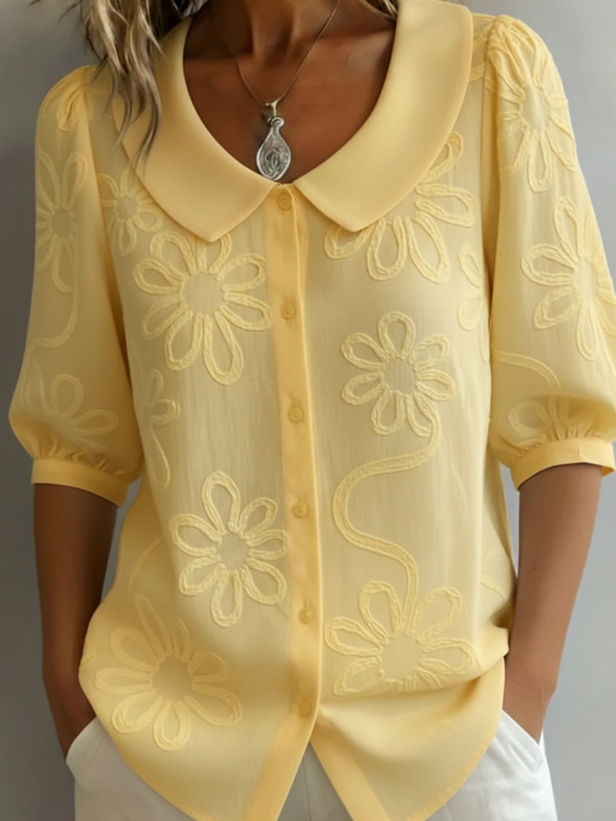 Cotton Loose Fit Embroidered Floral Shirt – Vintage Peter Pan Collar|✨ Limited Time: 50% off