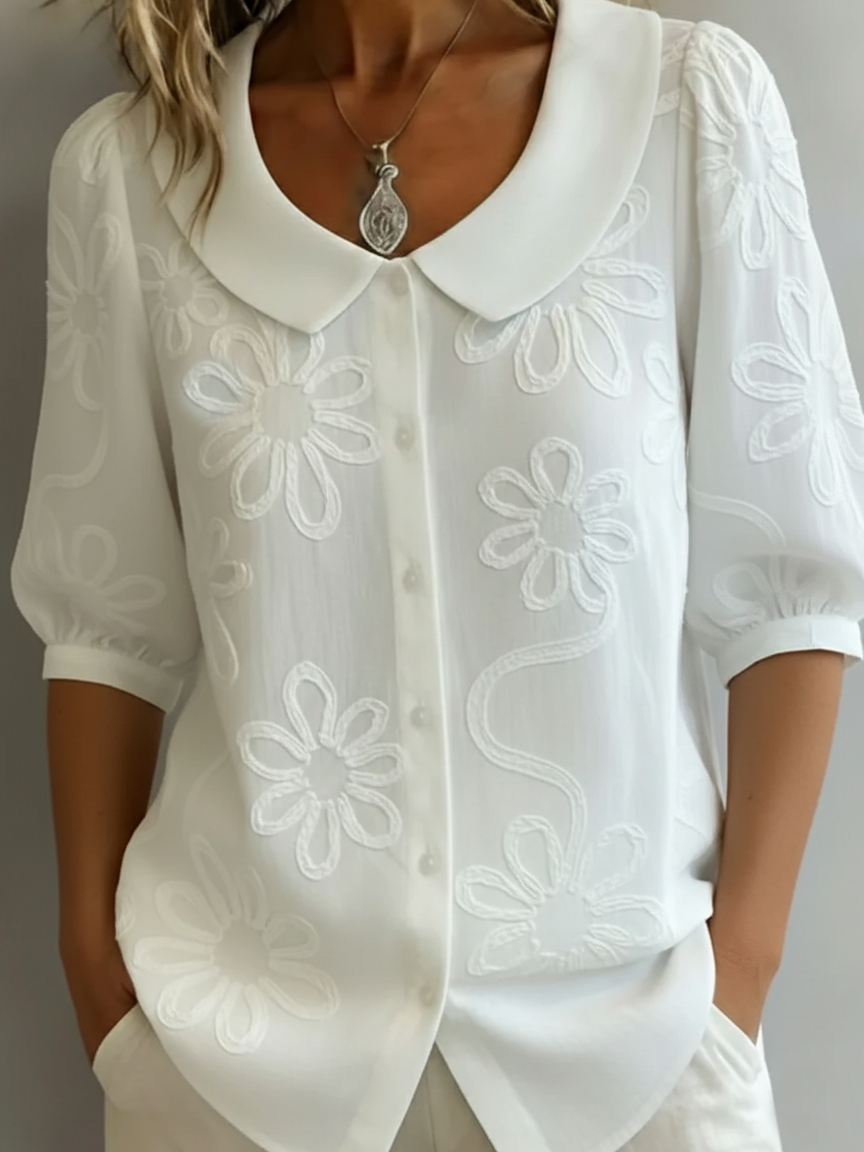 Cotton Loose Fit Embroidered Floral Shirt – Vintage Peter Pan Collar|✨ Limited Time: 50% off