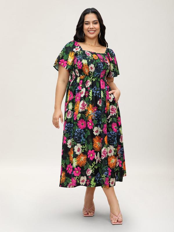 ⏰Summer Hot Sale 52% OFF💃Floral Smocked Square Neck Midi Dress with Pockets