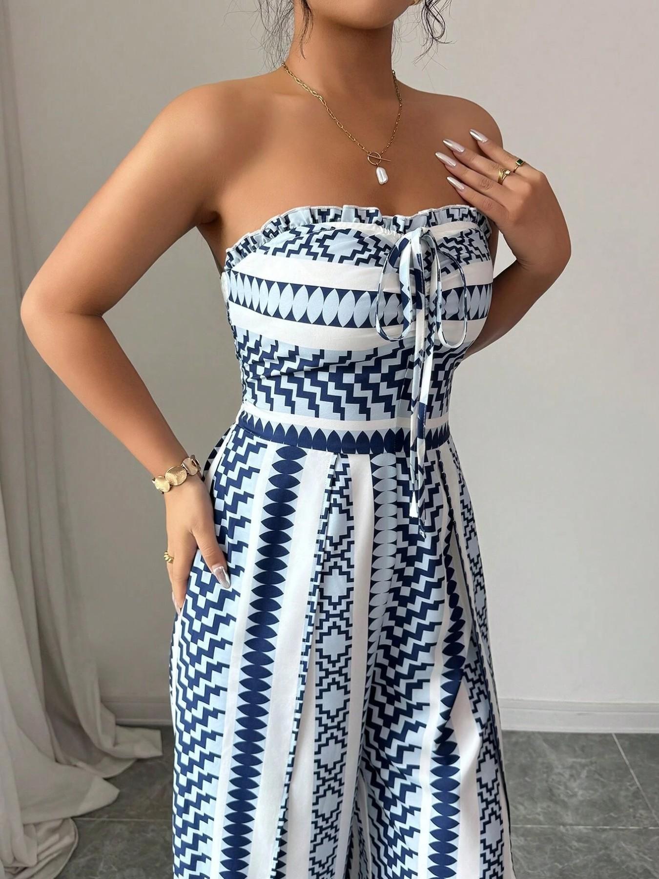 👗 47% OFF NOW! 💥 Geometric Jumpsuit with Halter Neckline & Side Slit – Unique print & elastic back – Versatile, perfect for summer parties or resort wear ✨
