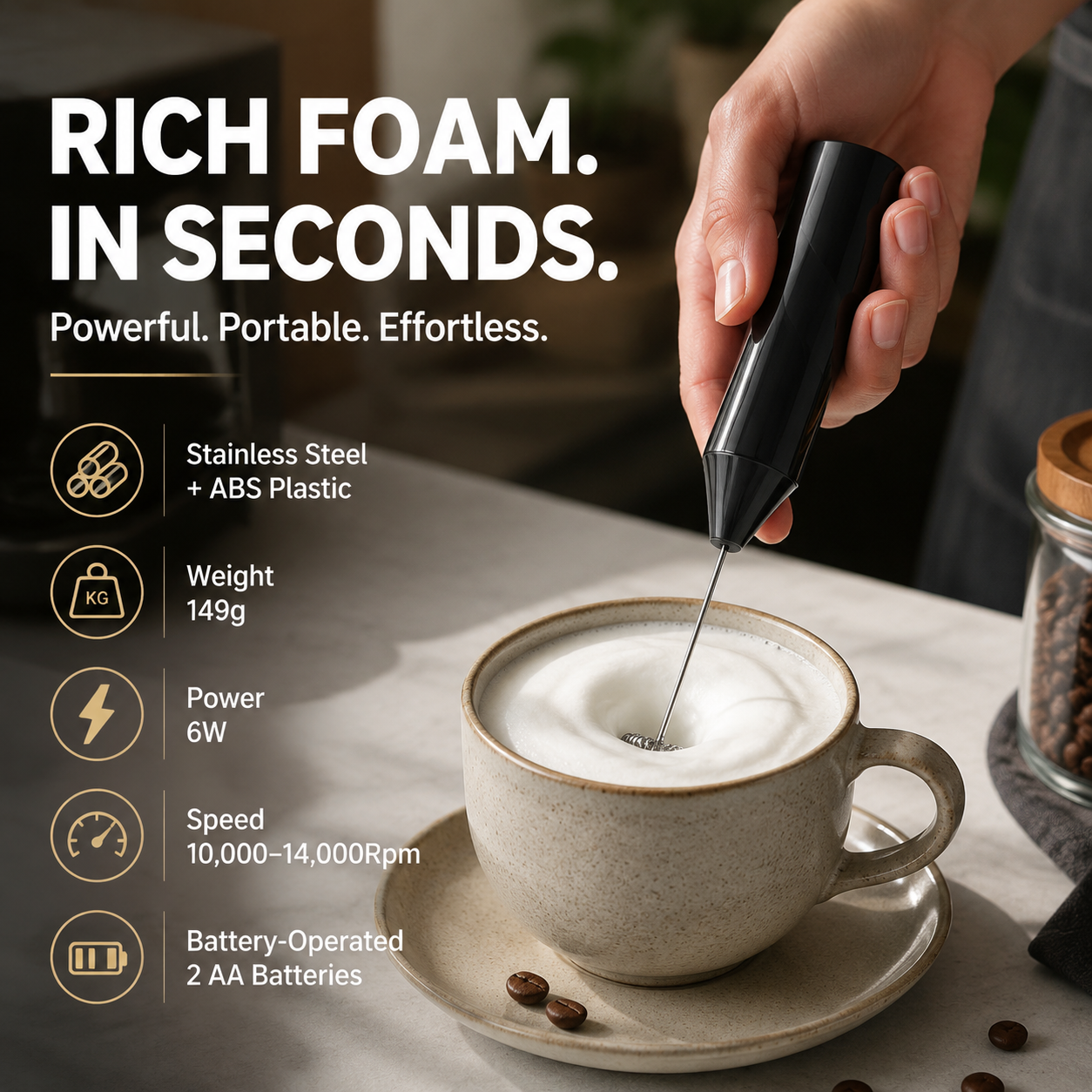 🥛Handheld Electric Milk Frother – 47% OFF | Battery Operated Drink Mixer for Coffee, Latte, Cappuccino, Hot Chocolate & Matcha | Mini Foam Maker with Stand