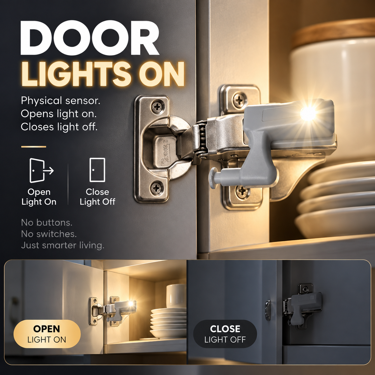 Multi-Function LED Hinge Light for Cabinets & Wardrobes – Physical Sensor, Auto On/Off