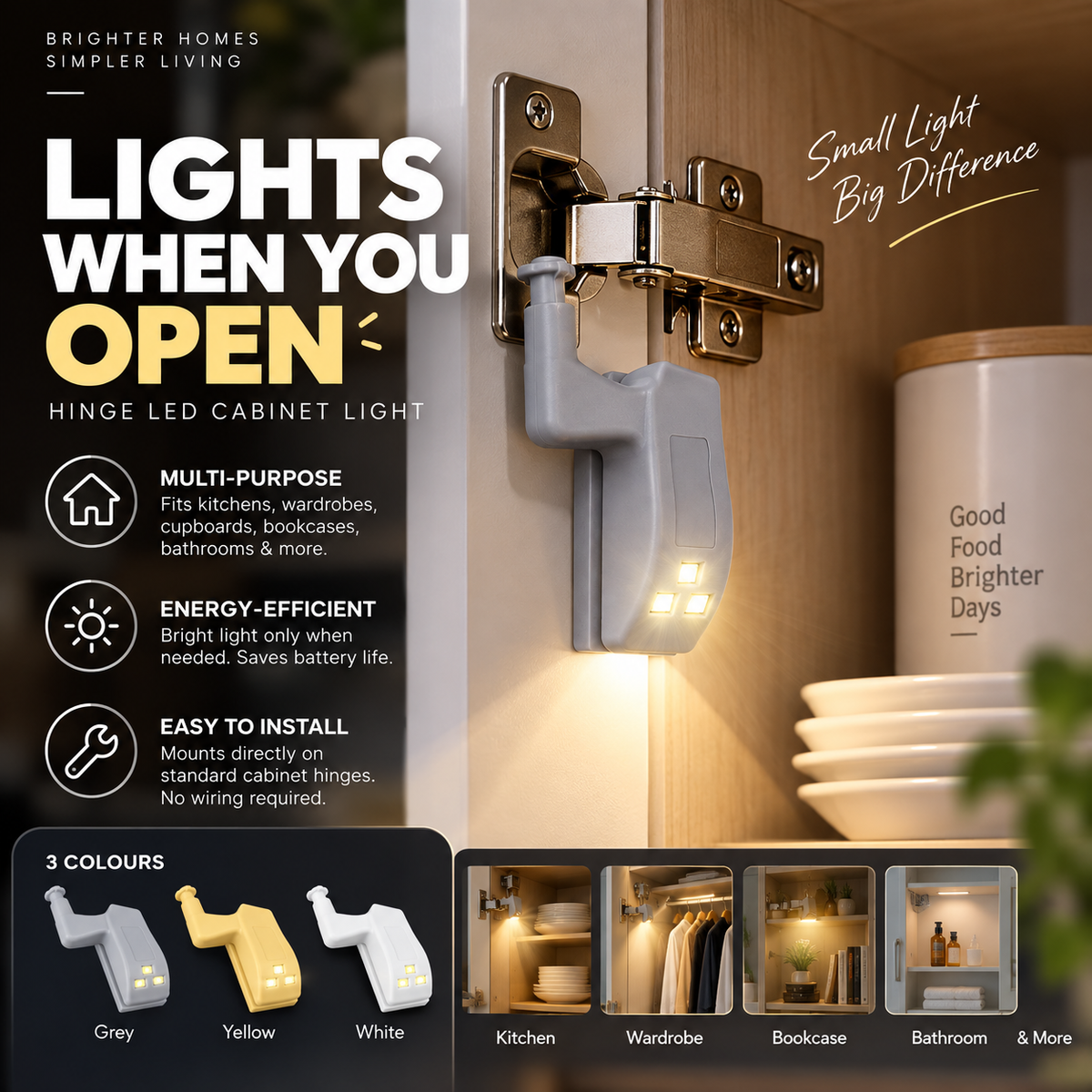 Multi-Function LED Hinge Light for Cabinets & Wardrobes – Physical Sensor, Auto On/Off