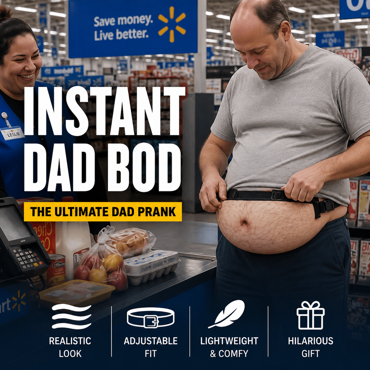🥳Dadbag | Realistic Fake Beer Belly Bum Bag | Funny Dad Bod Waist Pack | Novelty Gag Gift for Men | With Belly Button & Hairy Chest | Adjustable Black Strap