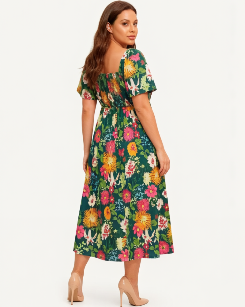 ⏰Summer Hot Sale 52% OFF💃Floral Smocked Square Neck Midi Dress with Pockets