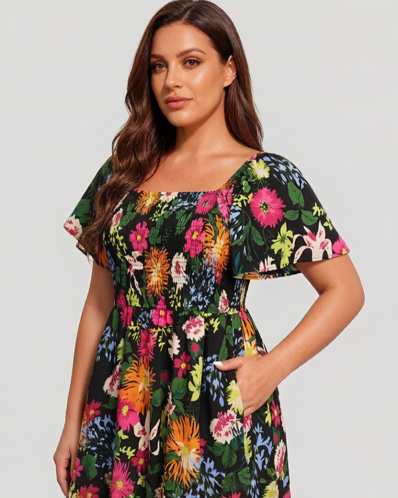 ⏰Summer Hot Sale 52% OFF💃Floral Smocked Square Neck Midi Dress with Pockets