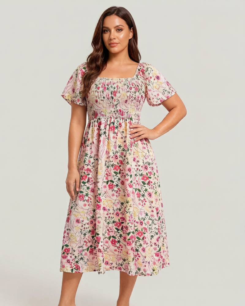 ⏰Summer Hot Sale 52% OFF💃Floral Smocked Square Neck Midi Dress with Pockets