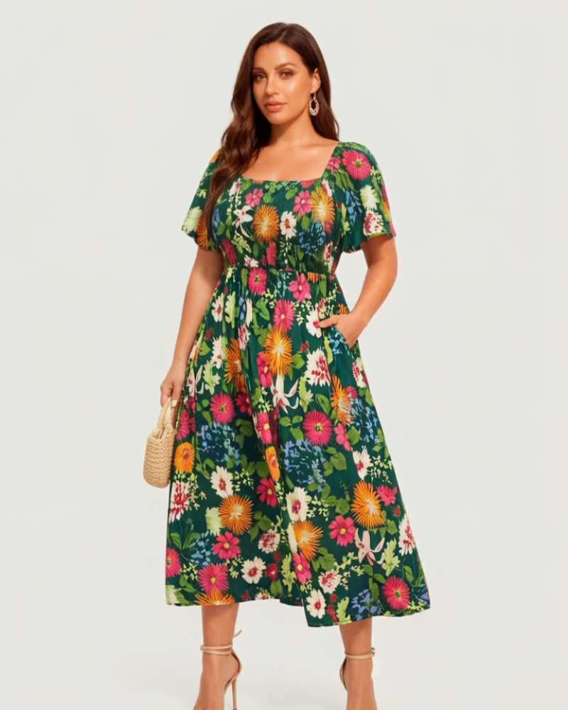 ⏰Summer Hot Sale 52% OFF💃Floral Smocked Square Neck Midi Dress with Pockets