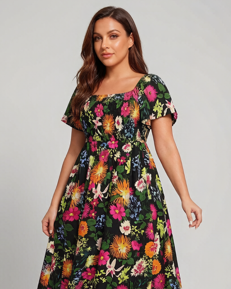 ⏰Summer Hot Sale 52% OFF💃Floral Smocked Square Neck Midi Dress with Pockets