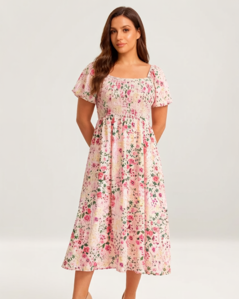 ⏰Summer Hot Sale 52% OFF💃Floral Smocked Square Neck Midi Dress with Pockets