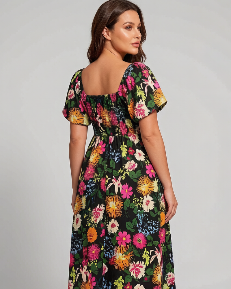 ⏰Summer Hot Sale 52% OFF💃Floral Smocked Square Neck Midi Dress with Pockets