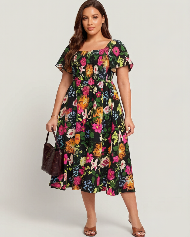 ⏰Summer Hot Sale 52% OFF💃Floral Smocked Square Neck Midi Dress with Pockets
