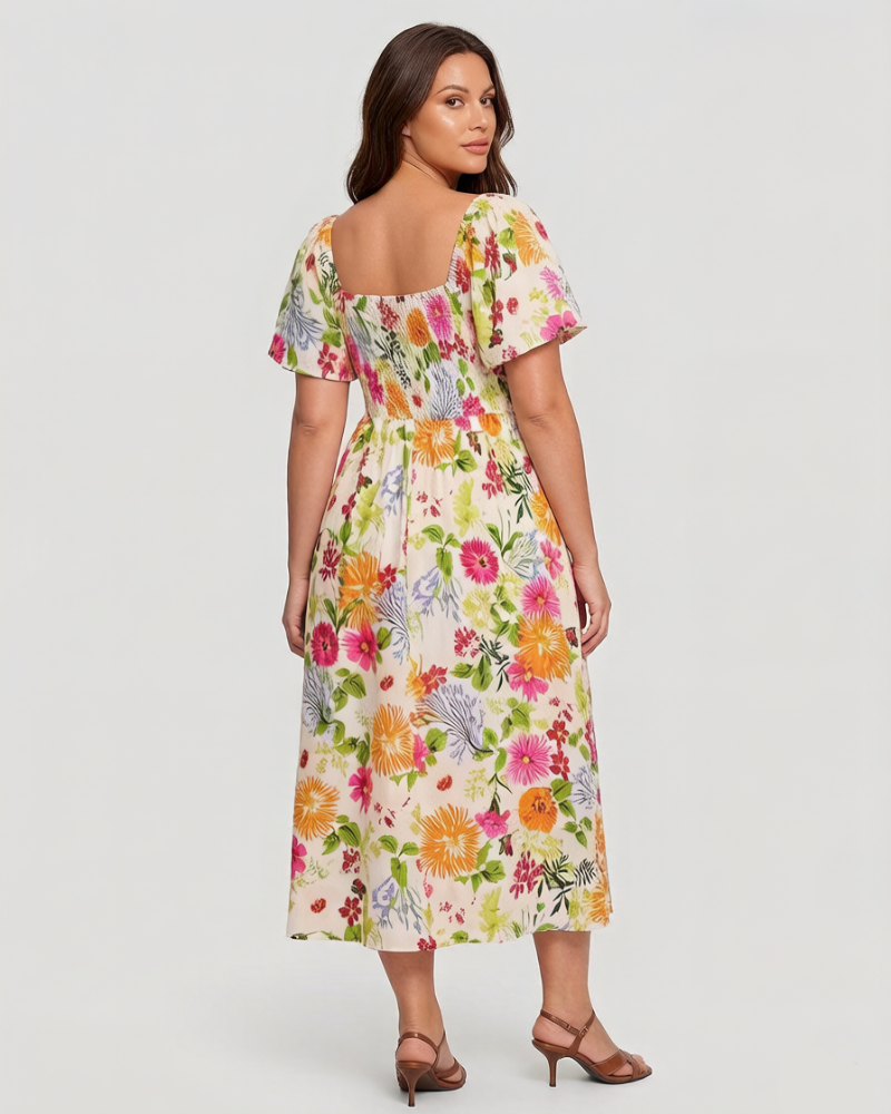 ⏰Summer Hot Sale 52% OFF💃Floral Smocked Square Neck Midi Dress with Pockets