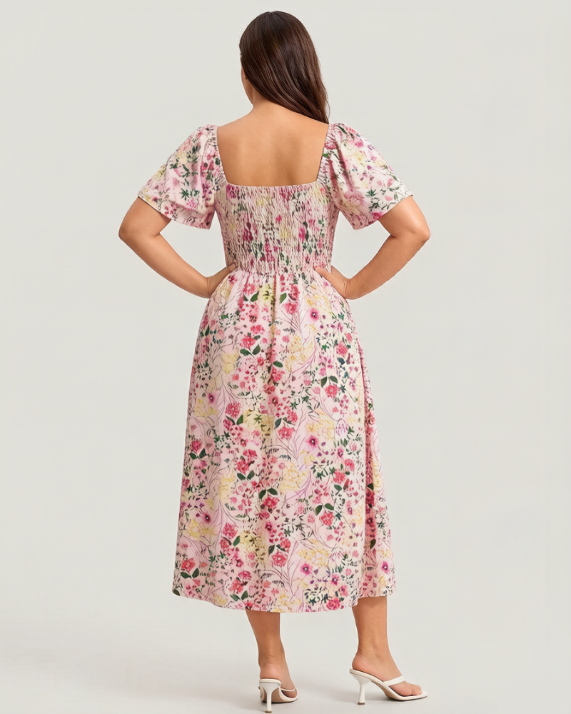 ⏰Summer Hot Sale 52% OFF💃Floral Smocked Square Neck Midi Dress with Pockets