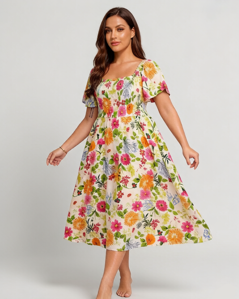 ⏰Summer Hot Sale 52% OFF💃Floral Smocked Square Neck Midi Dress with Pockets