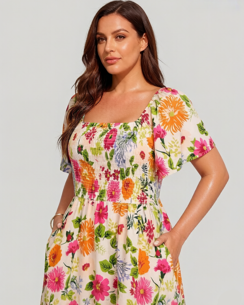 ⏰Summer Hot Sale 52% OFF💃Floral Smocked Square Neck Midi Dress with Pockets