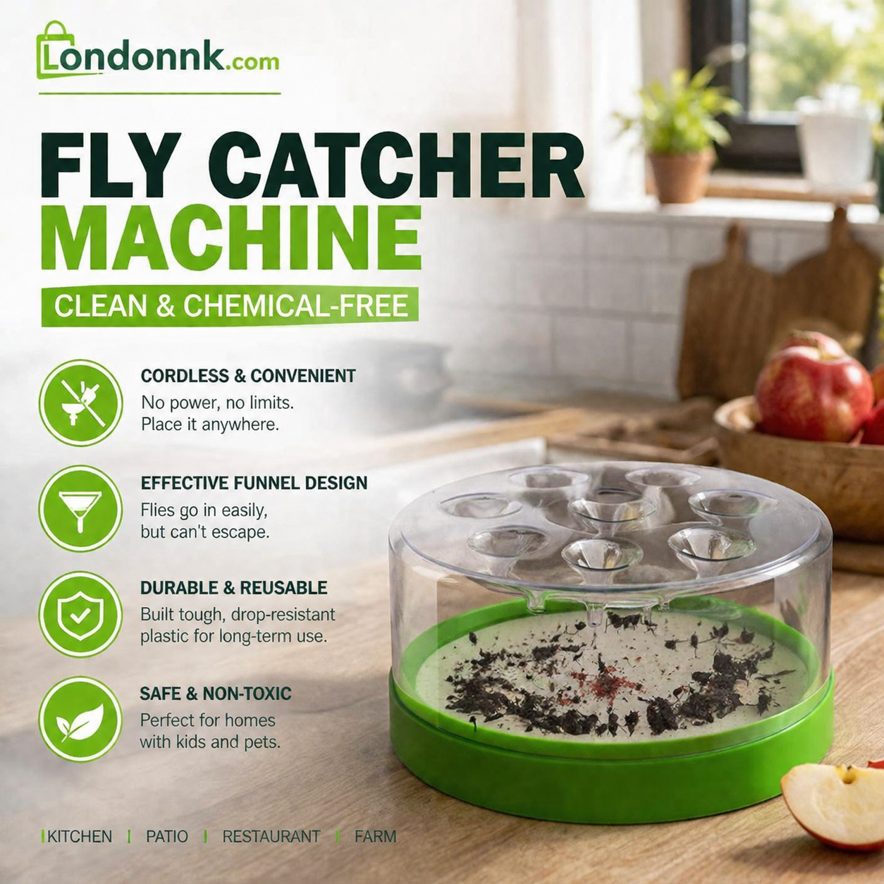 🔌✅ Reusable fly trap—no electricity, no poison! 🏠 Safe to use in the kitchen and around children and pets.
