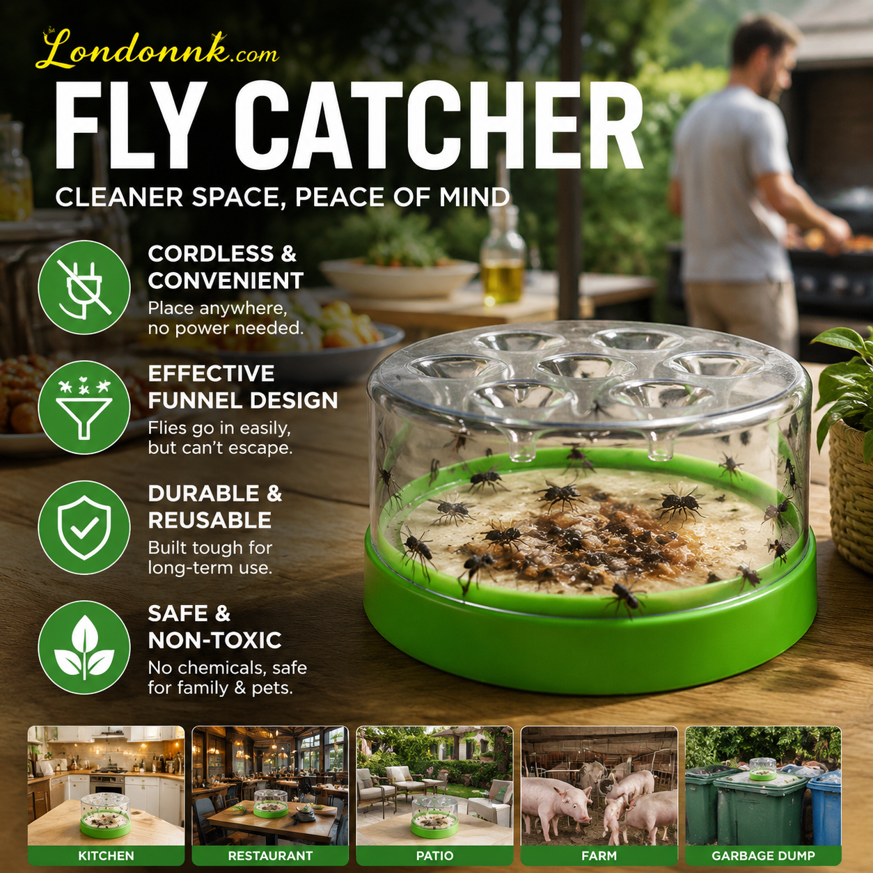🔌✅ Reusable fly trap—no electricity, no poison! 🏠 Safe to use in the kitchen and around children and pets.