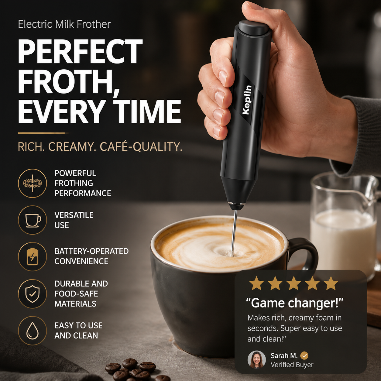🥛Handheld Electric Milk Frother – 47% OFF | Battery Operated Drink Mixer for Coffee, Latte, Cappuccino, Hot Chocolate & Matcha | Mini Foam Maker with Stand