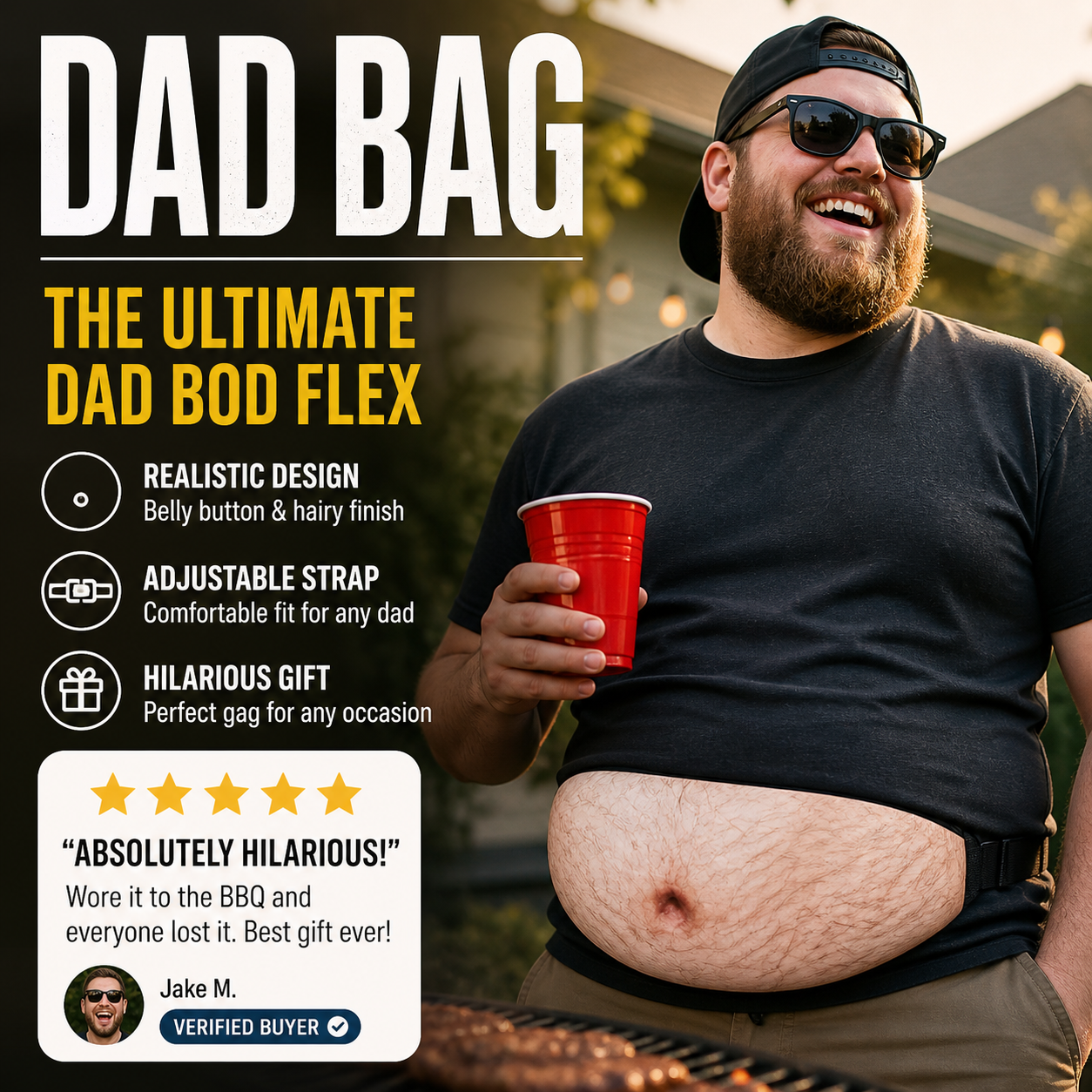 🥳Dadbag | Realistic Fake Beer Belly Bum Bag | Funny Dad Bod Waist Pack | Novelty Gag Gift for Men | With Belly Button & Hairy Chest | Adjustable Black Strap