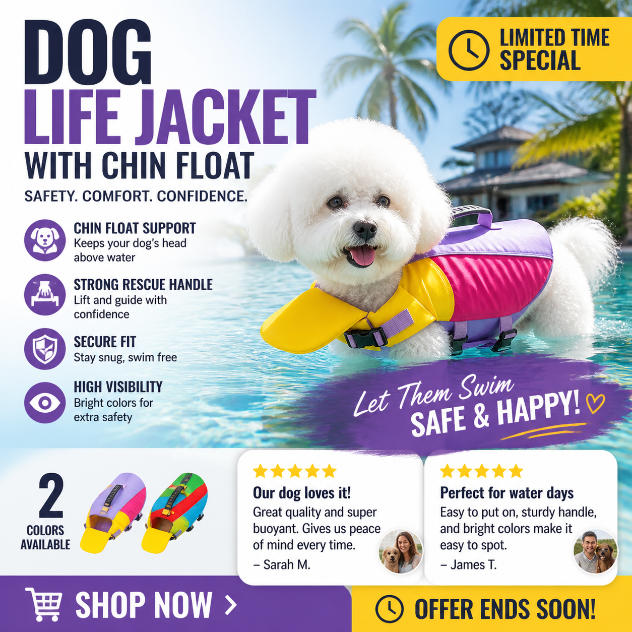 🐶50% OFF NOW! Dog Life Jacket with Chin Float, Color‑Block Pet Safety Flotation Vest with Rescue Handle, Adjustable Buckle Dog Swim Life Vest for Pool Beach Boating