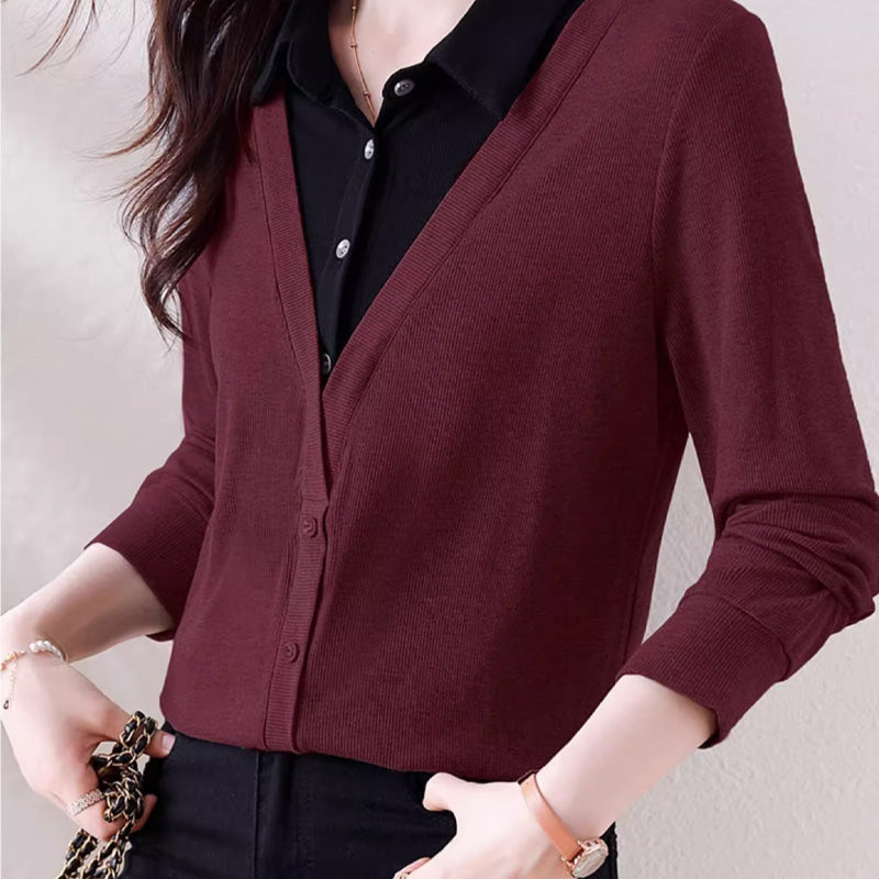 💝Two Free Shipping🔥- Women's Lapel Cozy Fake Two Piece Set Long Sleeve Top