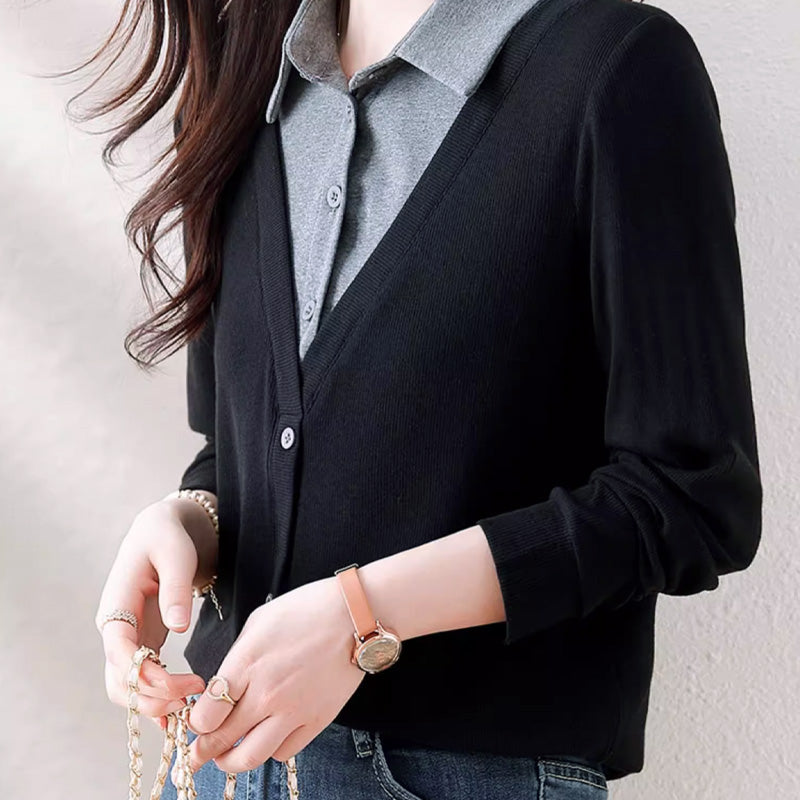 💝Two Free Shipping🔥- Women's Lapel Cozy Fake Two Piece Set Long Sleeve Top