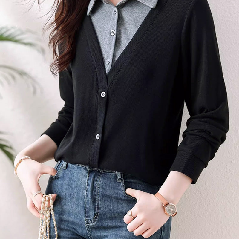 💝Two Free Shipping🔥- Women's Lapel Cozy Fake Two Piece Set Long Sleeve Top