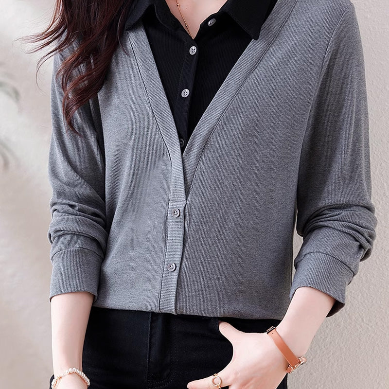 💝Two Free Shipping🔥- Women's Lapel Cozy Fake Two Piece Set Long Sleeve Top