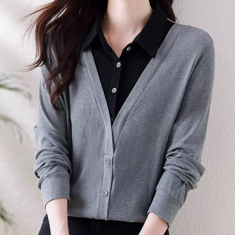 💝Two Free Shipping🔥- Women's Lapel Cozy Fake Two Piece Set Long Sleeve Top