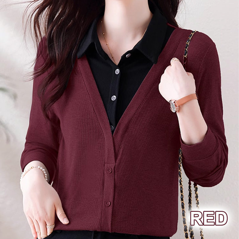 💝Two Free Shipping🔥- Women's Lapel Cozy Fake Two Piece Set Long Sleeve Top