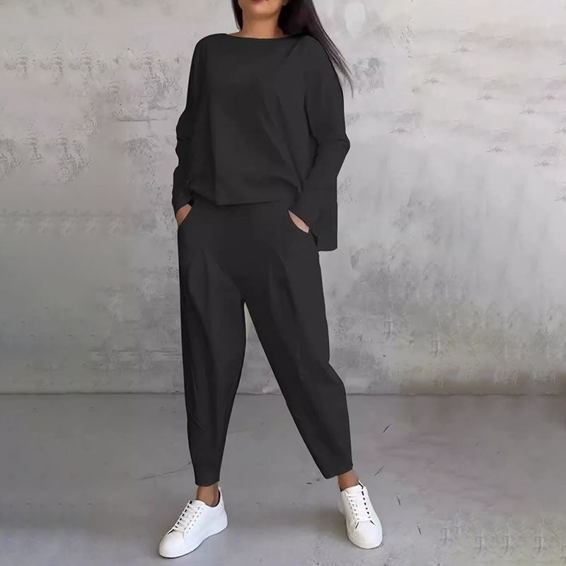 💎 55% OFF! 💎Round-Neck Long-Sleeved Top ＆ Pants 2-Piece Set | Wrinkle-Free & Breathable |